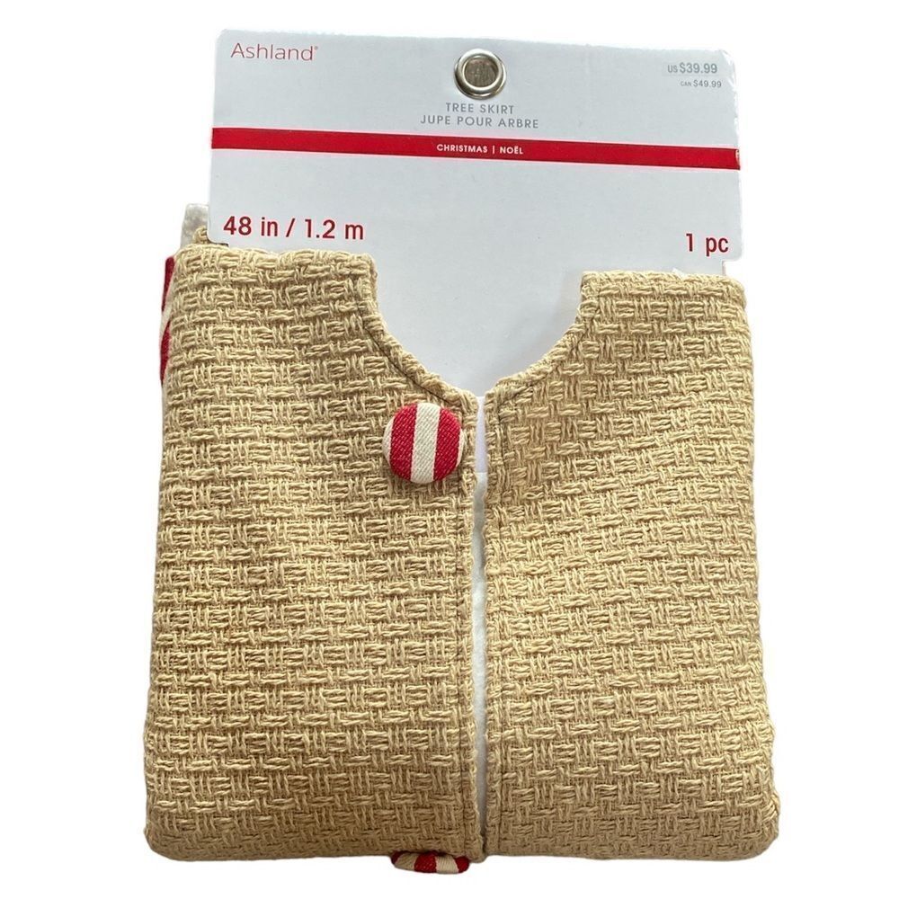 Ashland Tan Red Cream Striped Border Christmas Tree Skirt 48 Inch NWT Holiday